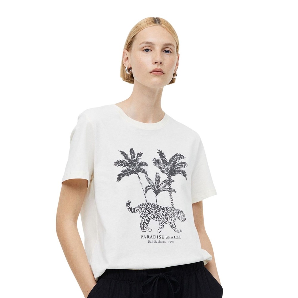 HM Paradise Beach Leopard Palm Tree Graphic T-Shirt Cream Large